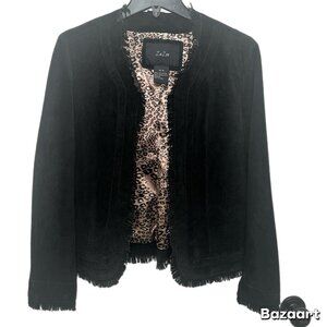 ZaZee Leather Suede Fringed Black Jacket with Animal Print Lining - Medium